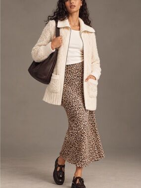 Anthropologie Bethenny Textured Knit Full Zip Cardigan Sweater Ivory XS